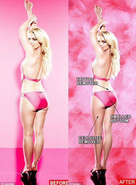 Бритни Спирс до и после фотошопа в рекламе Candies